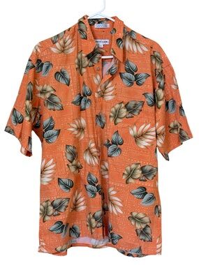 Pierre Cardin Men’s Hawaiian Shirt Mens L Orange Tropical Floral Cotton